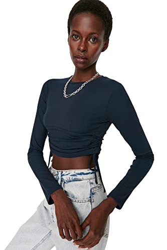 TRENDYOL Damen Rundhalsausschnitt Unifarben Figurbetont Bluse T-Shirt, Navy Blau, S von TRENDYOL