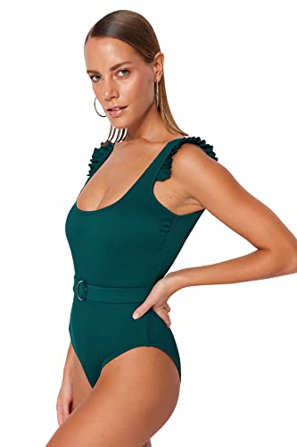 TRENDYOL Women's Strukturierter Gürtel detaillierter Badeanzug One Piece Swimsuit, Green, 36 von TRENDYOL