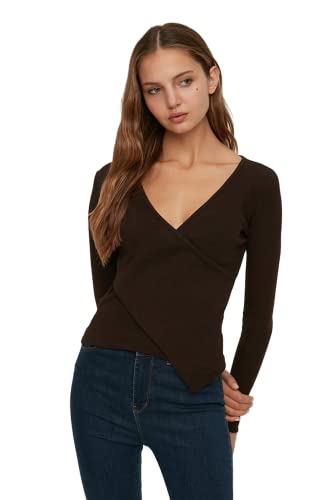 Trendyol Women's V-Ausschnitt Unifarben Figurbetont Bluse Shirt, Dark Brown, x_s von TRENDYOL