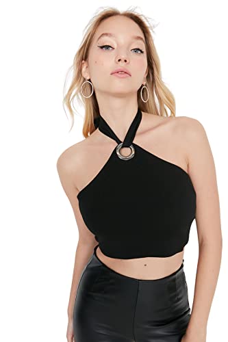 TRENDYOL Women's V-Ausschnitt Unifarben Slim Bluse Shirt, Schwarz, 34 von TRENDYOL