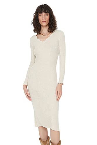 Trendyol Women's Woman Midi Bodycon V-Neck Knitwear Dress, Beige, Small von TRENDYOL