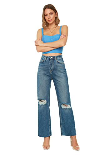 TRENDYOL Damen Trendyol Ridsede detaljer højtaljede brede ben Jeans, Dunkelblau, 38 EU von TRENDYOL