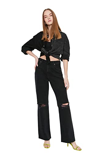 TRENDYOL Damen Trendyol Ripped Detailed High Waist Wide Leg Jeans, Schwarz, 42 EU von TRENDYOL