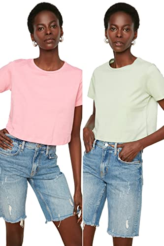 TRENDYOL Damen - Beg 100% Cotton Round Collar 2 Pack Crop Knitted T-shirt T Shirt, Rosa, XS EU von TRENDYOL