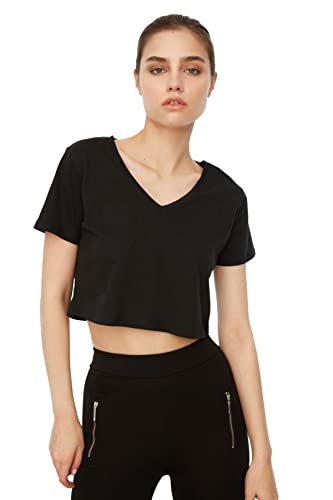 TRENDYOL Damen 100% Organic Cotton Crop-knitted T-shirt T Shirt, Schwarz, S EU von TRENDYOL