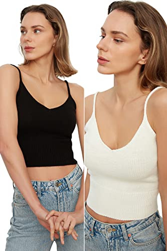 TRENDYOL Damen Masche gedetailleerde kleerhanger crop gebreide Blouse, Black And White, L EU von TRENDYOL