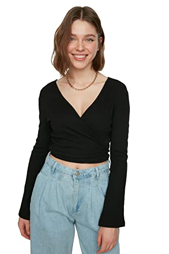 Trendyol Damen Black Tick Craissile Crop Knitted Blouse, Schwarz, S EU von TRENDYOL