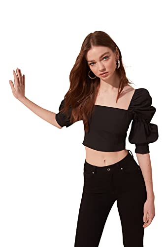 TRENDYOL Damen Handgrepen Shirred Square kraagblouse Blouse, Schwarz, 36 EU von TRENDYOL