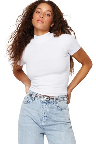 TRENDYOL Damen Aufrechter Kragen Pasping Crop Gestrickte Bluse Blouse, Weiß, S EU von TRENDYOL