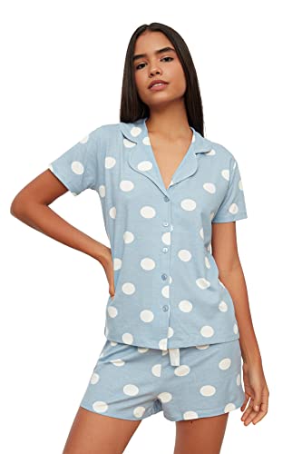 TRENDYOL Damen Trendyol Tupfen Gestrickte Pyjamas Pajama Set Pink polka dot knitted pajamas, Blau, XL von TRENDYOL