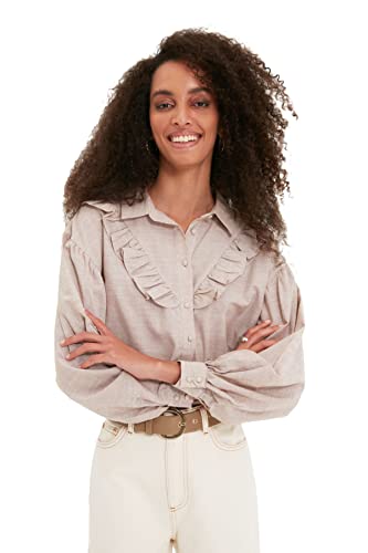 TRENDYOL Damen Trendyol Green Frill Detailed Shirt, Beige, 42 EU von TRENDYOL