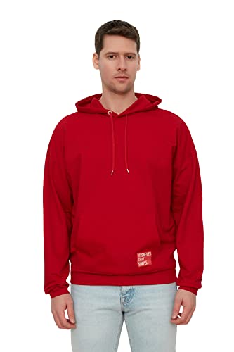 Trendyol Burgund-Herren-Kapuzen-Übergroße Langarm-Aufkleber Applique Basic-Sweatshirt, Burgund, von TRENDYOL