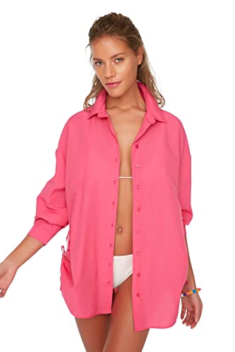 Trendyol Damen, Normale Passform, Strandmode Oversize Basic Shirt Kragen Gewebtes Hemd, Fuchsia, 68 von TRENDYOL