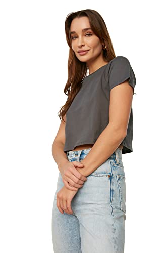 Trendyol Damen 100% Baumwolle Suprem Bike Collar Crop Gestricktes T-shirt T Shirt, Anthracite, L EU von TRENDYOL