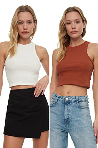 Trendyol Damen 2 Pack Wiper Super Crop Knitted Athlete T Shirt, Cinnamon - Ecru, S EU von TRENDYOL