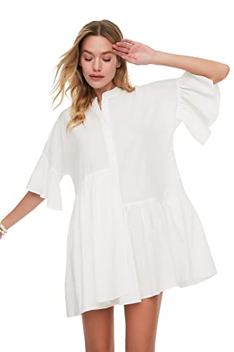 TRENDYOL Damen Ist Asymmetrisches Gefristertes Strandkleid Dress, Weiß, 36 EU von TRENDYOL