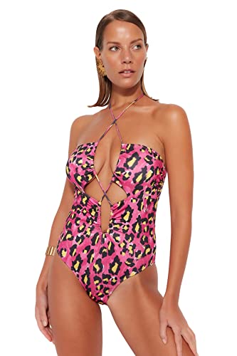 Trendyol Damen Badeanzug mit Tiermuster Bademode, Pink-Mehrfarbig, 44 DE von TRENDYOL