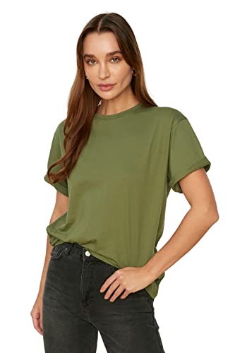 Trendyol Damen Basic Oversize Standard Rundhals Knit T-Shirt Hemd, Khaki, M von TRENDYOL