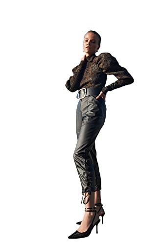 Trendyol Damen Black Bird Eye Detailed Faux Leather Trousers Pants, Schwarz, 36 EU von TRENDYOL