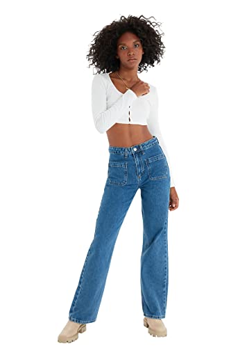 Trendyol Damen Blue Mobile Detailed High Waist 90's Wide Leg Jeans, Blau, 36 EU von TRENDYOL