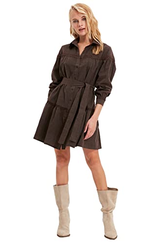 Trendyol Damen Brown Belted Lace Detailed Shirt Casual Dress, Brown, 40 EU von TRENDYOL