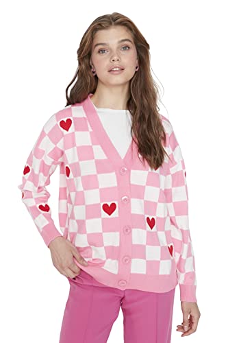 Trendyol Damen Cardigan mit V-Ausschnitt und Karomuster Pullover, Rose, L von TRENDYOL