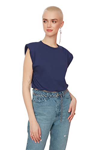 Trendyol Damen Casal Crop Gestricktes T-shirt T Shirt, Navy, L EU von TRENDYOL