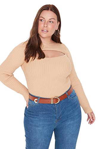 Trendyol Damen Choker High Neck Plain Regular Plus Size Pullover Sweatshirt, Beige, XXL Größen von TRENDYOL