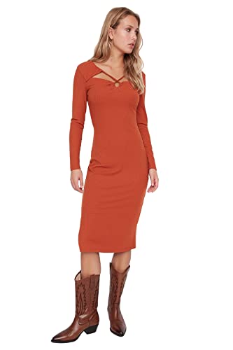 Trendyol Damen Collar Detailed Maxi Wick Knitted Dress Kleid, Fliese Rot, L von TRENDYOL
