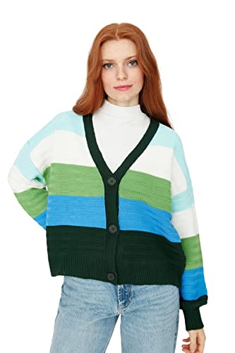 Trendyol Damen Colorblock Relaxed Cardigan mit V-Ausschnitt Pullover, grün, L von TRENDYOL