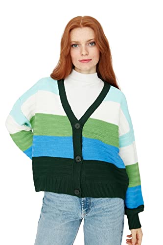 Trendyol Damen Colorblock Relaxed Cardigan mit V-Ausschnitt Pullover, grün, M von TRENDYOL