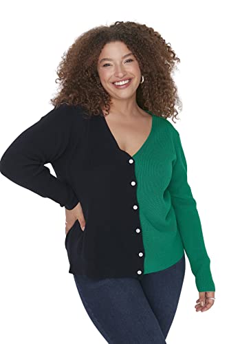 Trendyol Damen Colorblock Relaxed Plus Size Strickjacke mit V-Ausschnitt Pullover, Marineblau, XX-Large von TRENDYOL