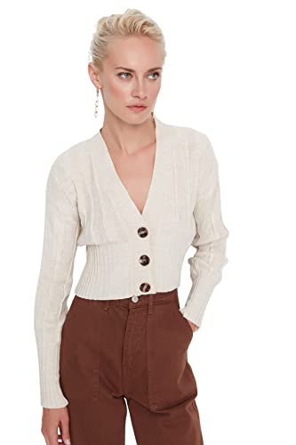 Trendyol Damen Crop Standard V-Ausschnitt Strickwaren Cardigan Pullover, Stone, L von TRENDYOL