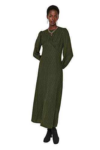 TRENDYOL Damen Design Regular Standard Rundhalsausschnitt Webstoff Kleid, Khaki, 42 von TRENDYOL