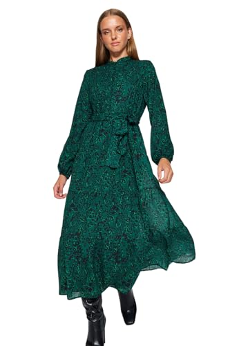 Trendyol Damen Dunkelgrün Gemustertes Kleid Aus Chiffon Mit Schärpe Und Detailliertem Futter Casual Dress, Dunkelgrün, 42 EU von TRENDYOL