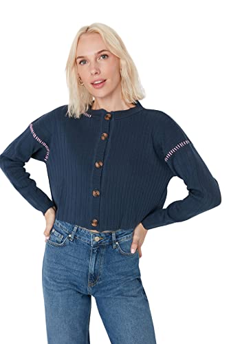 Trendyol Damen Einfarbige Strickjacke mit Rundhalsausschnitt Pullover, Indigo, L von TRENDYOL