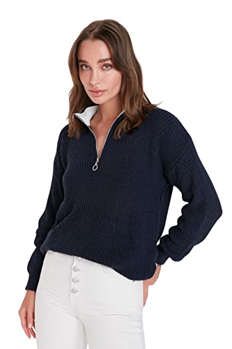 Trendyol Damen Einfarbiger Pullover mit V-Ausschnitt Sweatshirt, Marineblau, 36 von TRENDYOL