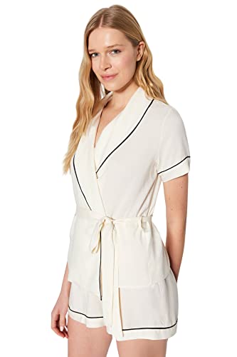 Trendyol Damen Einfarbiges gewebtes Set mit Hemdhose Pyjama, beige, 62 von TRENDYOL