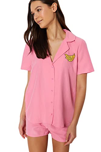 Trendyol Damen Einfarbiges gewebtes Shirt-Kurz Set Pyjama, Rose, 60 von TRENDYOL