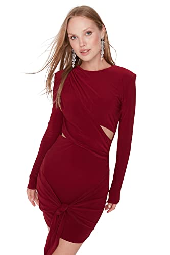 Trendyol Damen Figurbetont Bodycon Rundhalsausschnitt Gestrickt Kleid, Bordeaux, 42 von TRENDYOL