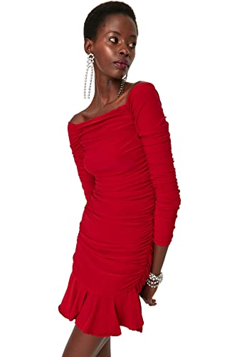 Trendyol Damen Figurbetont Bodycon Rundhalsausschnitt Gestrickt Kleid, Rot, 38 EU von TRENDYOL