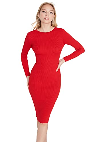 Trendyol Damen Figurbetont Bodycon Rundkragen Trikot Kleid, Rot, 40 von TRENDYOL