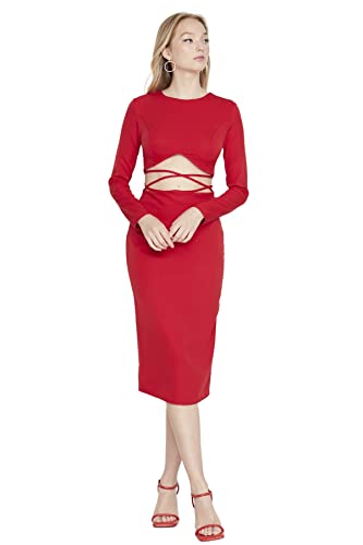 Trendyol Damen Figurbetont Bodycon Rundkragen Webstoff Kleid, Rot, 40 von TRENDYOL