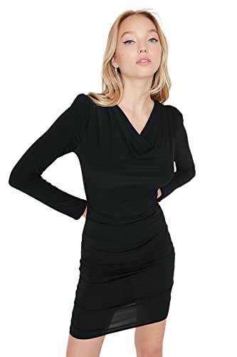 Trendyol Damen Figurbetont Bodycon Wasserfallausschnitt Gestrickt Kleid, Schwarz, 42 von TRENDYOL