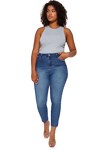 TRENDYOL Damen Trendyol Frauen Hohe Taille Skinny Fit Plus Size Jeans Hose Casual, Dunkelblau, 42 Große Größen von TRENDYOL