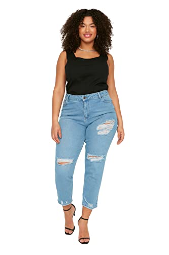 Trendyol Damen Frauen Hohe Taille Straight Leg Plus Size Jeans Hose, blau, 52 von TRENDYOL