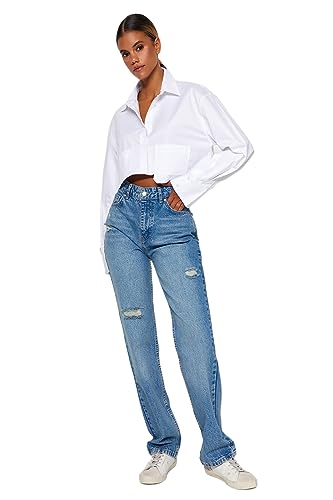 Trendyol Damen Gerade Hohe Taille Jeans, Blau, 38 EU Trendyol Damen Gerade Hohe Taille Jeans, Blau, 38 EU von TRENDYOL