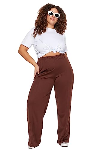 TRENDYOL Damen Gerade Regulär Hohe Taille Hosen in Plus Size Pants, Brown, 3XL Größen von TRENDYOL