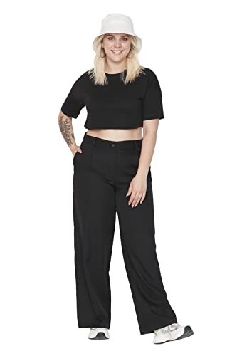 TRENDYOL Damen Gerade Weites Bein Hohe Taille Hosen In Plus Size Pants, Schwarz, 42 Große Größen EU von TRENDYOL