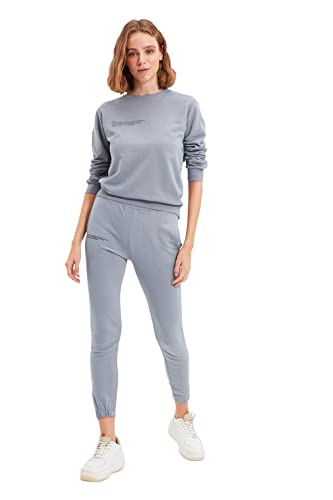 Trendyol Damen Gray Printed 100% Organic Cotton Basic Jogger Knitted Fine Tracksuits Sweatpants, Gray, S EU von TRENDYOL